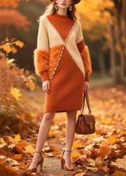 Art Brown Patchwork Faux Fur Nail Bead Sweater Dress Winter