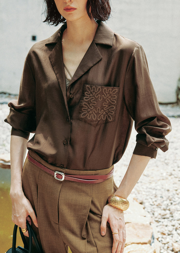 Art Brown Peter Pan Collar Embroidered Cotton Blouse Top Fall