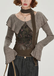 Art Brown Peter Pan Collar Patchwork Cotton Shirt Spring