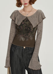 Art Brown Peter Pan Collar Patchwork Cotton Shirt Spring