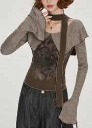 Art Brown Peter Pan Collar Patchwork Cotton Shirt Spring