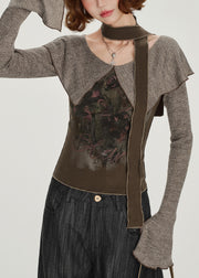 Art Brown Peter Pan Collar Patchwork Cotton Shirt Spring