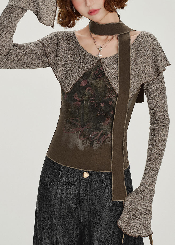 Art Brown Peter Pan Collar Patchwork Cotton Shirt Spring