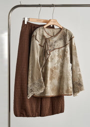 Art Brown Print Patchwork Lace Oriental Tops Fall
