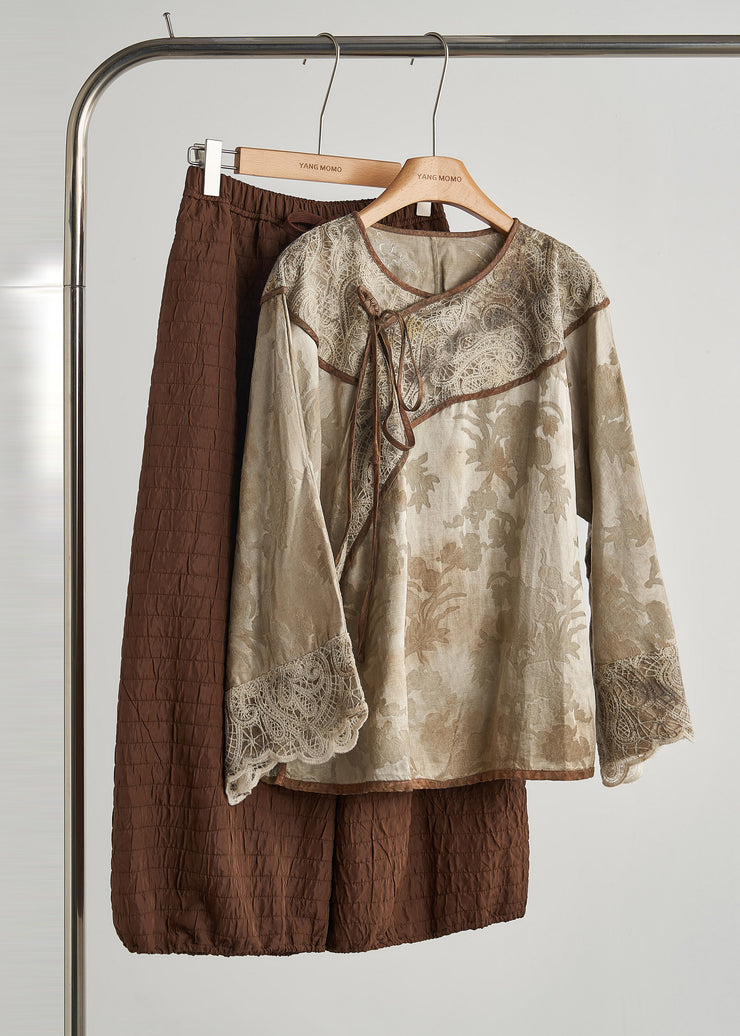 Art Brown Print Patchwork Lace Oriental Tops Fall