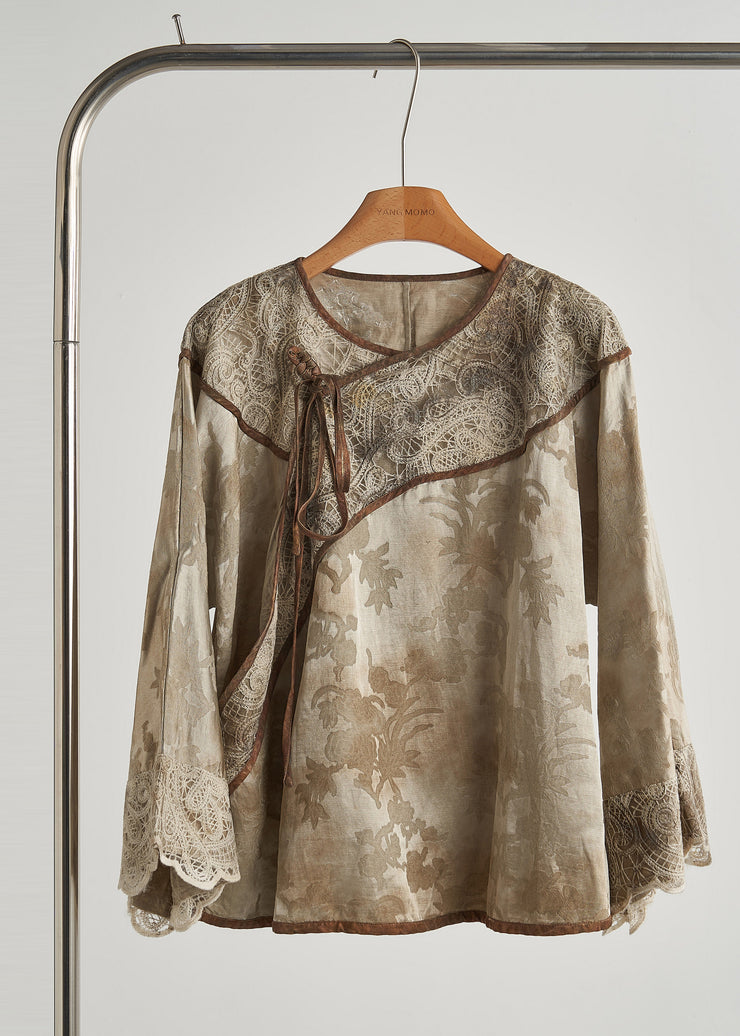 Art Brown Print Patchwork Lace Oriental Tops Fall