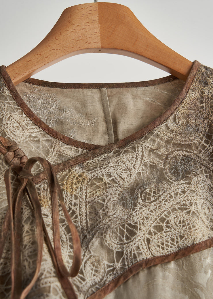 Art Brown Print Patchwork Lace Oriental Tops Fall