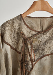 Art Brown Print Patchwork Lace Oriental Tops Fall