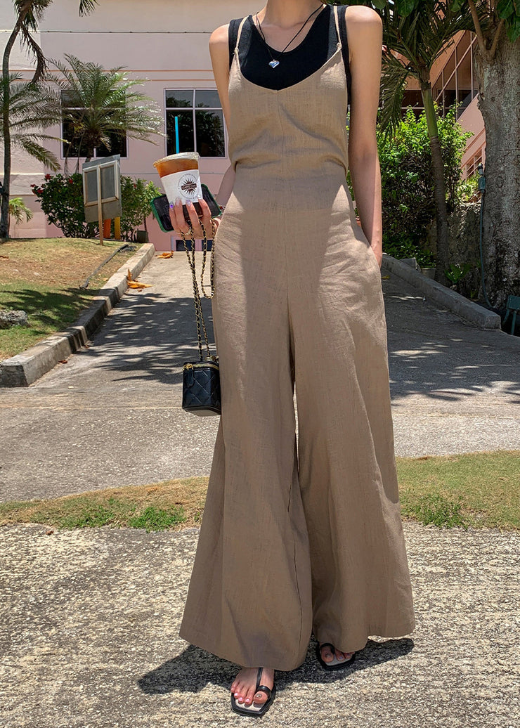 Art Brown Tie Waist Cotton Wide Leg Pant Jumpsuits Summer