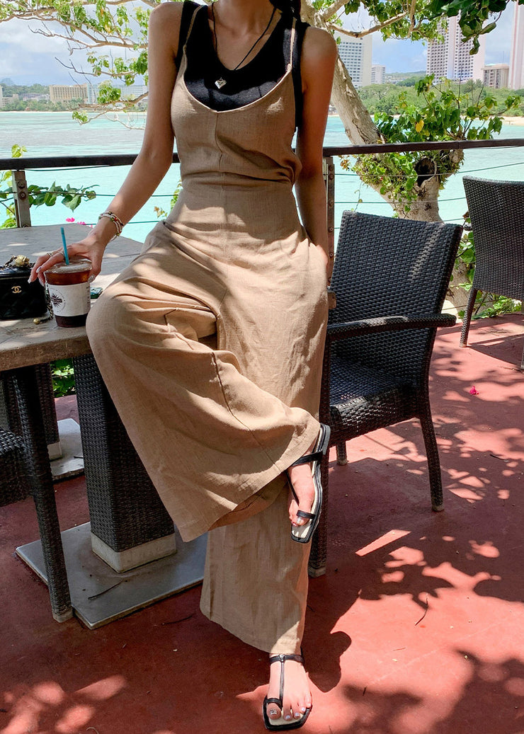 Art Brown Tie Waist Cotton Wide Leg Pant Jumpsuits Summer