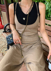 Art Brown Tie Waist Cotton Wide Leg Pant Jumpsuits Summer