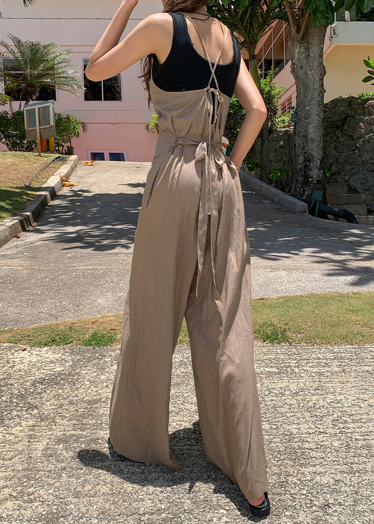 Art Brown Tie Waist Cotton Wide Leg Pant Jumpsuits Summer
