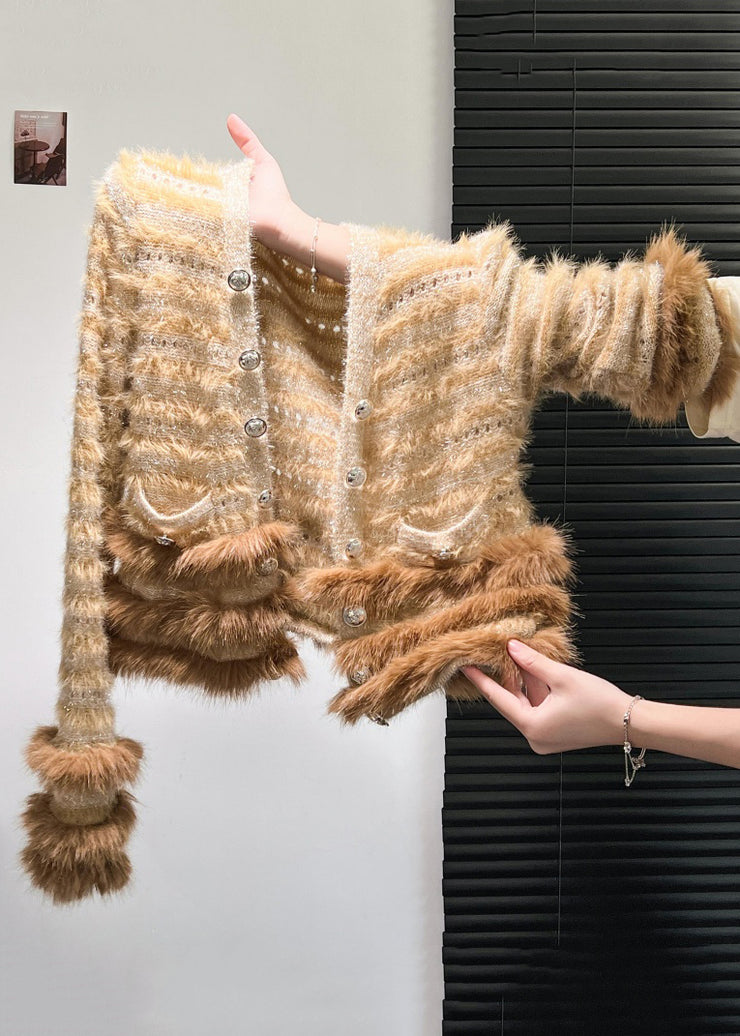 Art Coffee Button Fox Fur Patchwork Knit Coats Winter