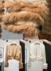 Art Coffee Button Fox Fur Patchwork Knit Coats Winter