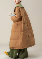 Art Coffee Peter Pan Collar Lace Up Patchwork Duck Down Long Puffer Coat Winter