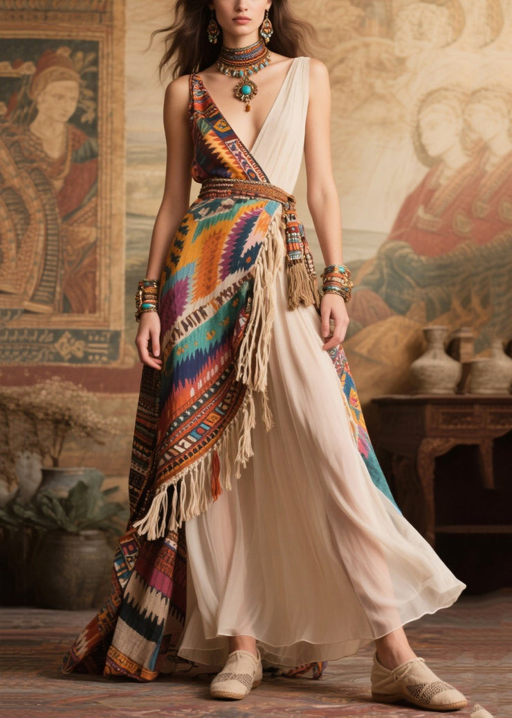 Art Colorblock Asymmetrical Design Tasseled Chiffon Maxi Dresses Summer