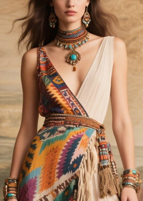 Art Colorblock Asymmetrical Design Tasseled Chiffon Maxi Dresses Summer