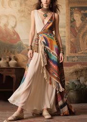 Art Colorblock Asymmetrical Design Tasseled Chiffon Maxi Dresses Summer