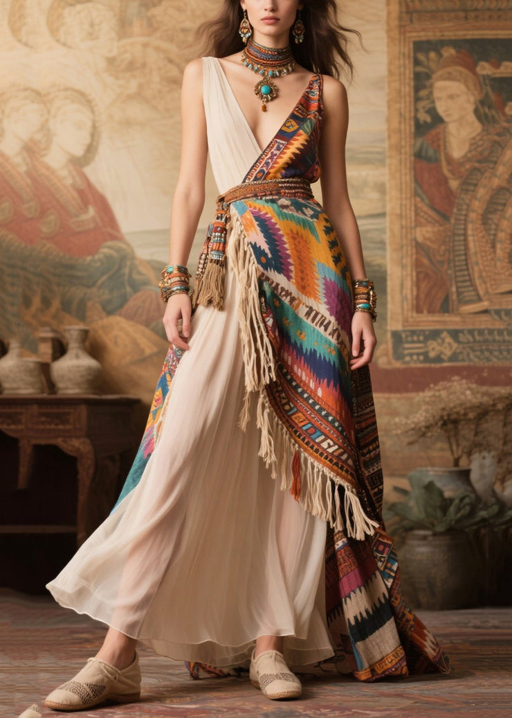 Art Colorblock Asymmetrical Design Tasseled Chiffon Maxi Dresses Summer