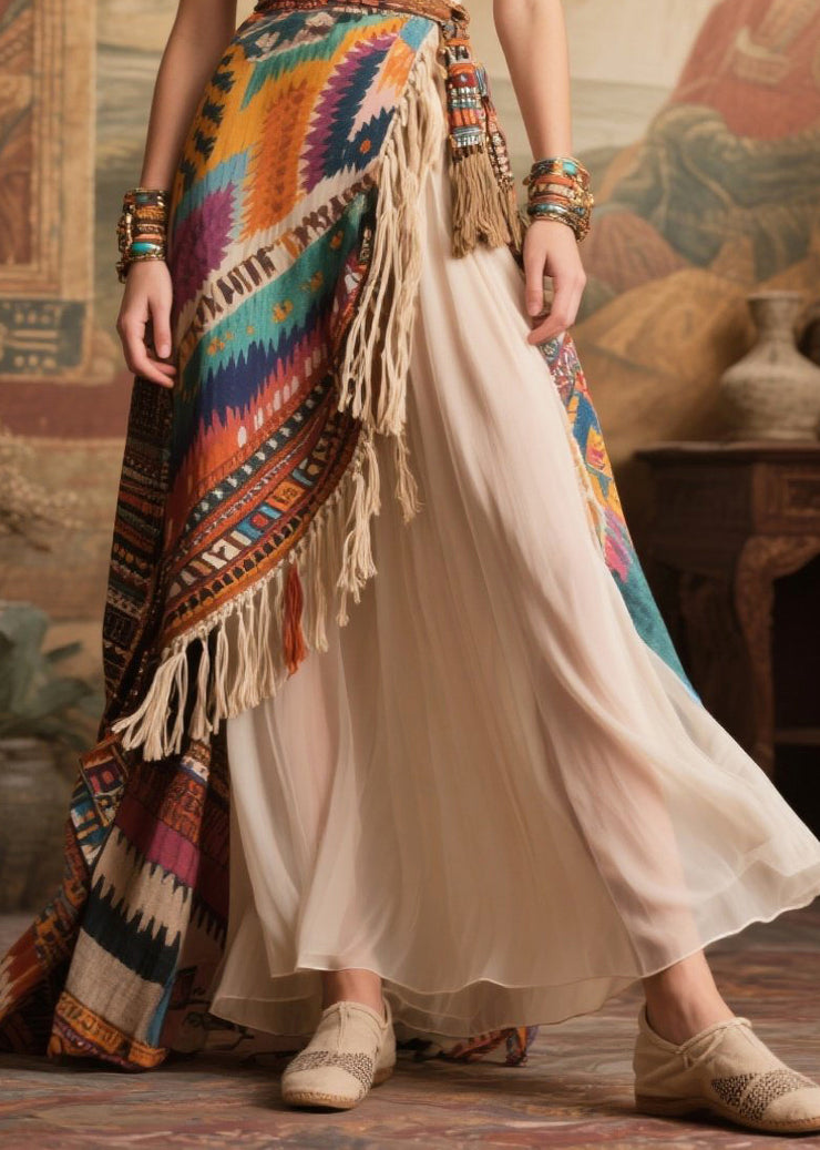 Art Colorblock Asymmetrical Design Tasseled Chiffon Maxi Dresses Summer