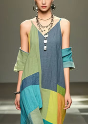 Art Colorblock Asymmetrical Patchwork Applique Cotton Cold Shoulder Dress Summer