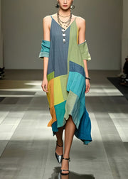 Art Colorblock Asymmetrical Patchwork Applique Cotton Cold Shoulder Dress Summer