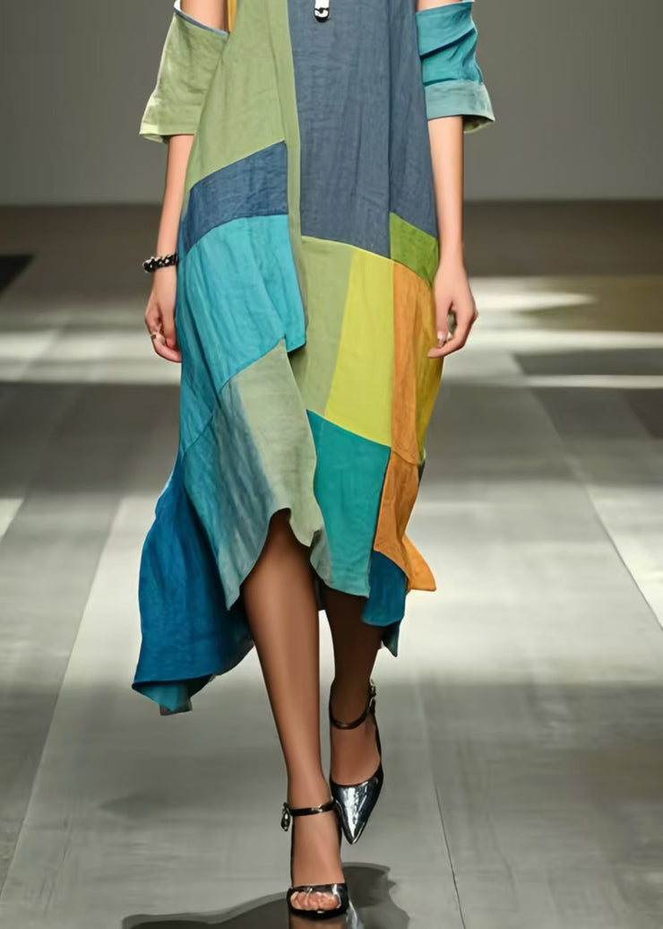 Art Colorblock Asymmetrical Patchwork Applique Cotton Cold Shoulder Dress Summer