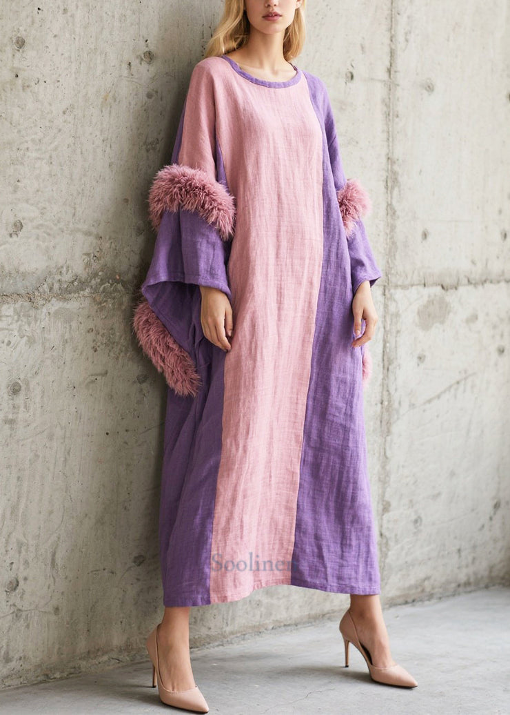 Art Colorblock Asymmetrical Patchwork Faux Fur Dress Batwing Sleeve
