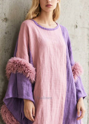 Art Colorblock Asymmetrical Patchwork Faux Fur Dress Batwing Sleeve