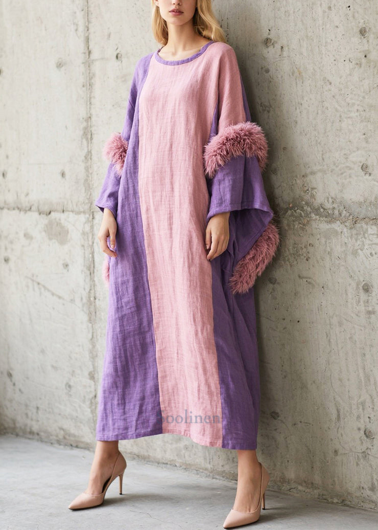Art Colorblock Asymmetrical Patchwork Faux Fur Dress Batwing Sleeve