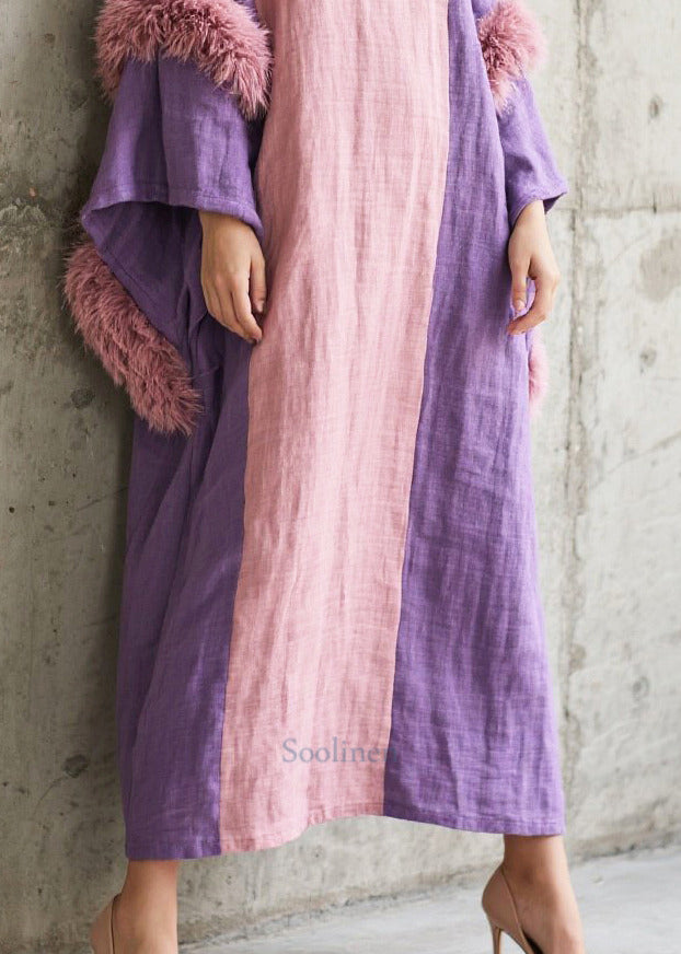 Art Colorblock Asymmetrical Patchwork Faux Fur Dress Batwing Sleeve