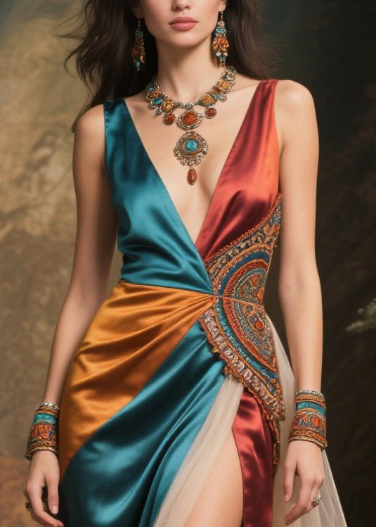 Art Colorblock Asymmetrical Patchwork Tulle Holiday Dress Summer