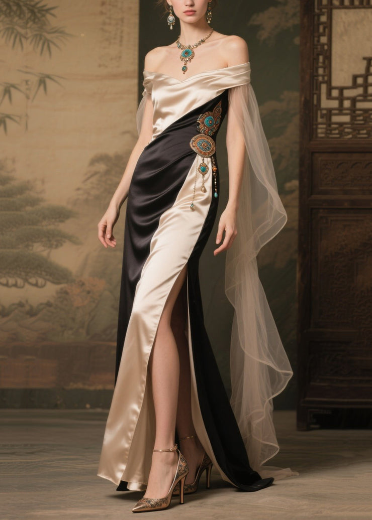 Art Colorblock Cold Shoulder Patchwork Side Open Silk Party Dress Summer
