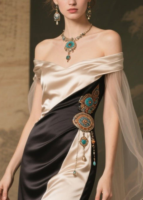 Art Colorblock Cold Shoulder Patchwork Side Open Silk Party Dress Summer