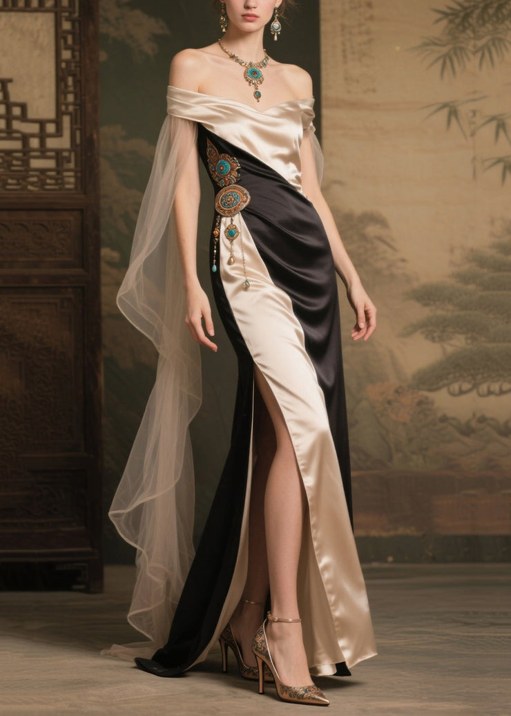 Art Colorblock Cold Shoulder Patchwork Side Open Silk Party Dress Summer