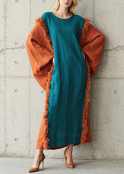 Art Colorblock O Neck Fuzzy Fur Patchwork Cotton Dress Fall