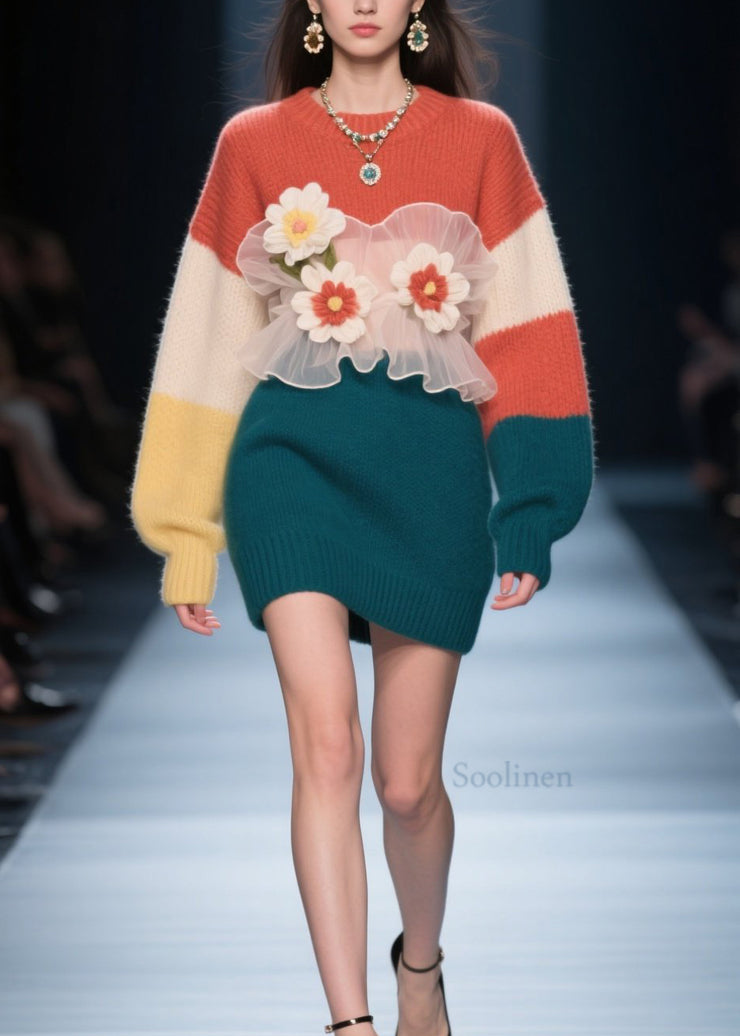 Art Colorblock O Neck Tulle Floral Knit Dress Winter