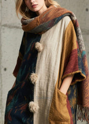 Art Colorblock Oversized Patchwork Fuzzy Ball Decorated Vacation Dresses Half Sleeve