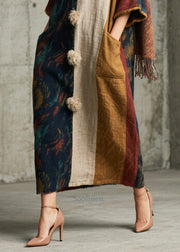 Art Colorblock Oversized Patchwork Fuzzy Ball Decorated Vacation Dresses Half Sleeve