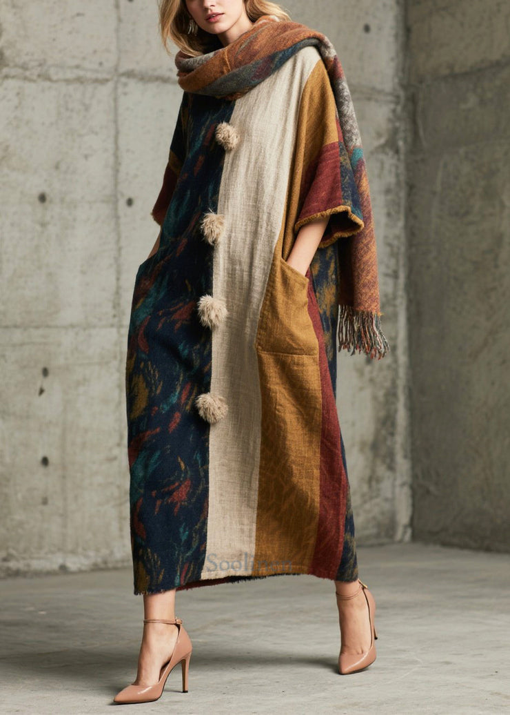 Art Colorblock Oversized Patchwork Fuzzy Ball Decorated Vacation Dresses Half Sleeve