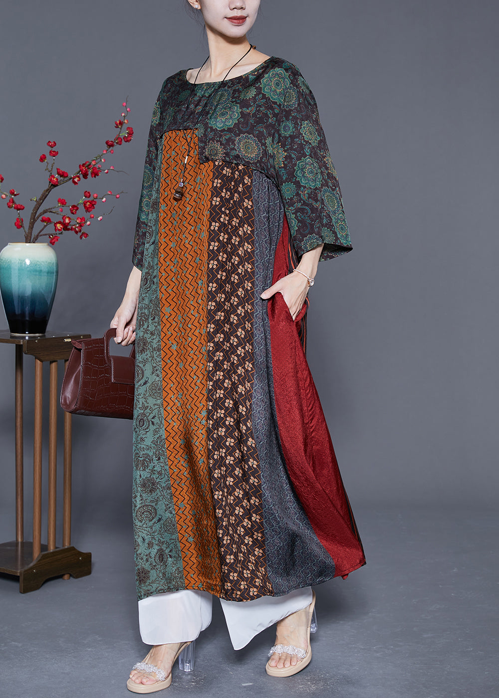 Wavlynn Art-Print Khaki Cotton Vacation Dress With Side Slit Lightweight Flowy Summer Wear