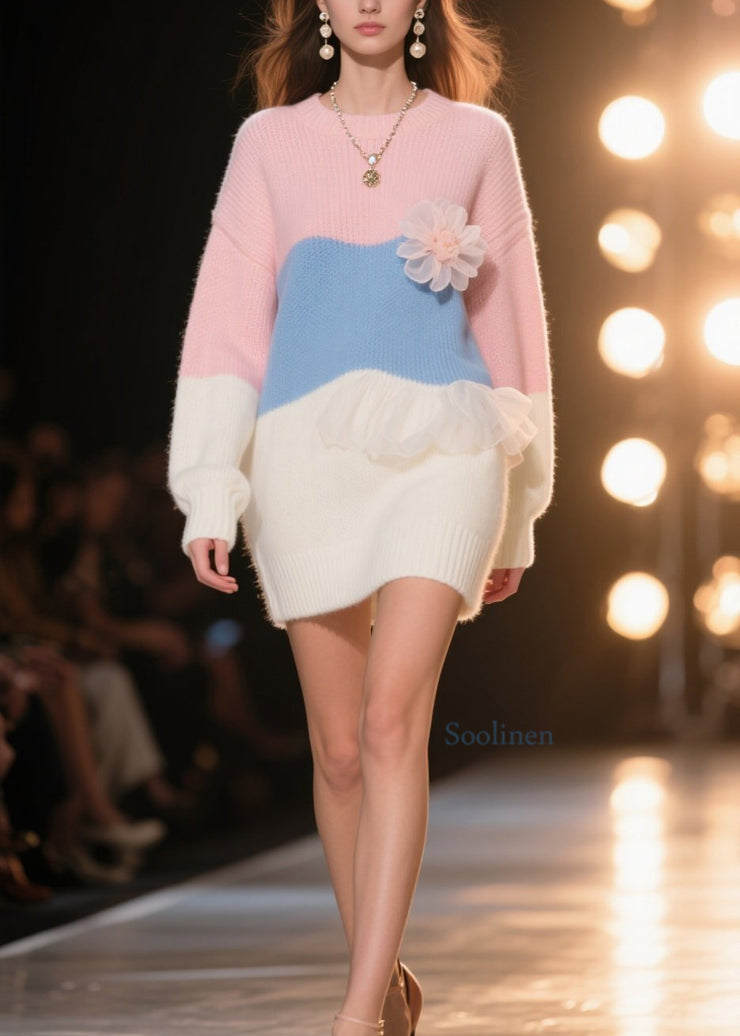Art Colorblock Ruffled Floral Knit Sweater Dress Winter