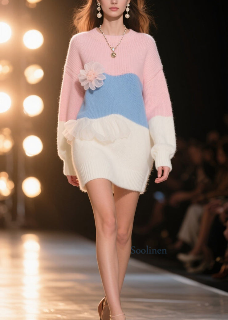 Art Colorblock Ruffled Floral Knit Sweater Dress Winter