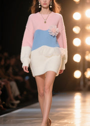 Art Colorblock Ruffled Floral Knit Sweater Dress Winter