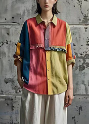 Art Colorblock Ruffled Patchwork Linen Tops Summer