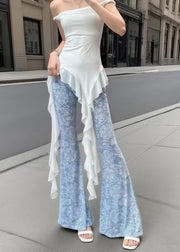 Art Denim Blue Print Tummy Control Tulle Bell-bottom Trousers Summer