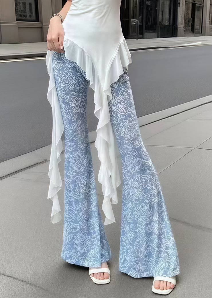 Art Denim Blue Print Tummy Control Tulle Bell-bottom Trousers Summer