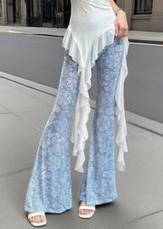 Art Denim Blue Print Tummy Control Tulle Bell-bottom Trousers Summer