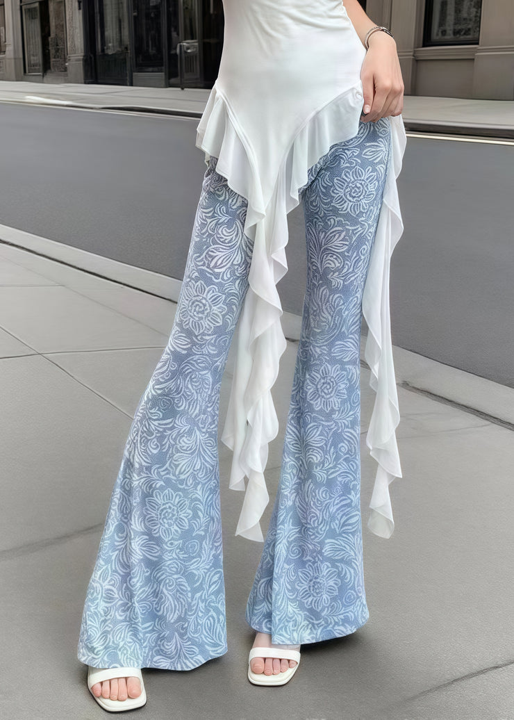 Art Denim Blue Print Tummy Control Tulle Bell-bottom Trousers Summer