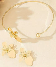 Art Gold Copper Alloy Floral Stud Earrings And Choker Two-Piece Set